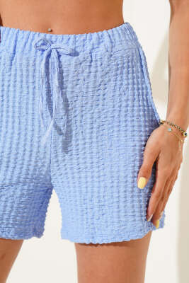 Bel Lastikli Gofre Şort Mavi - Thumbnail