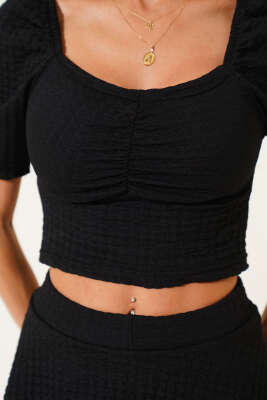 Kare Yaka Fırfırlı Etekli Gofre İkili Takım Siyah - Thumbnail