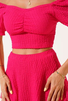 Kare Yaka Fırfırlı Etekli Gofre İkili Takım Fuşya - Thumbnail