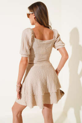 Kare Yaka Fırfırlı Etekli Gofre İkili Takım Bej - Thumbnail