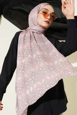 Pazarium - Çiçek Desenli Bambu Kraş Şal Latte