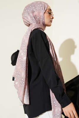 Çiçek Desenli Bambu Kraş Şal Latte - Thumbnail