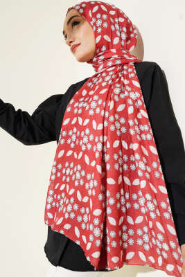 Pazarium - Çiçek Desenli Bambu Kraş Şal Kiremit