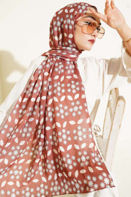 Pazarium - Çiçek Desenli Bambu Kraş Şal Açık Kahve