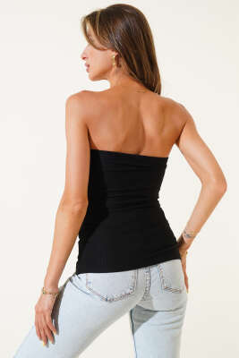 Straplez Düğme Detaylı Bluz Siyah - Thumbnail