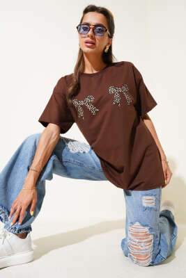 Pazarium - Leopar Fiyonk Baskılı T-shirt Kahve