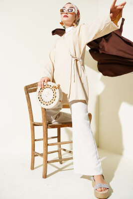 Yandan İp Bağlamalı Kimono Bej - Thumbnail