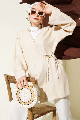 Yandan İp Bağlamalı Kimono Bej - Thumbnail