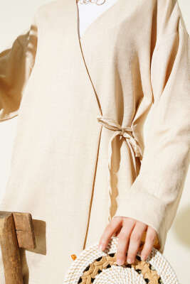 Yandan İp Bağlamalı Kimono Bej - Thumbnail