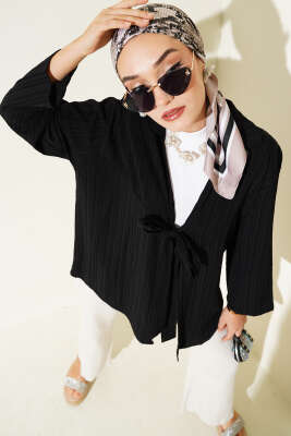 Pazarium - Önü Bağlamalı Ağaç Kabuğu Kimono Siyah