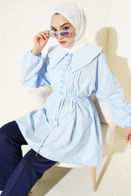 Pazarium - Yarım Düğmeli Nervürlü Tunik Buz Mavisi