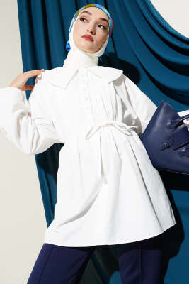 Pazarium - Yarım Düğmeli Nervürlü Tunik Beyaz