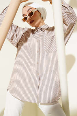 Pazarium - Salaş İnce Çizgili Gömlek Latte