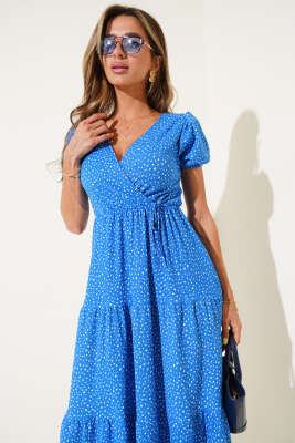 Puantiyeli Bel Lastikli V Yaka Midi Elbise Mavi - Thumbnail