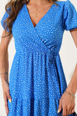 Puantiyeli Bel Lastikli V Yaka Midi Elbise Mavi - Thumbnail