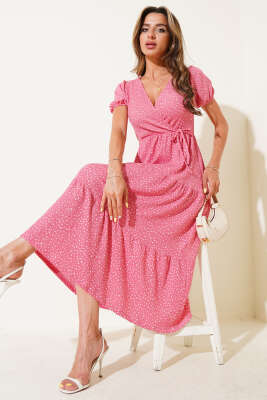 Puantiyeli Bel Lastikli V Yaka Midi Elbise Gül Kurusu - Thumbnail