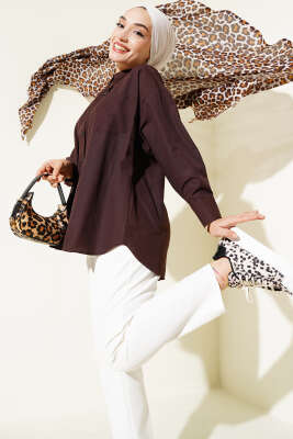 Pazarium - Klasik Yaka Cepli Gömlek Kahve