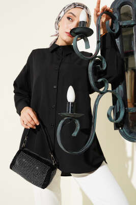 Pazarium - Klasik Yaka Cepli Gömlek Siyah