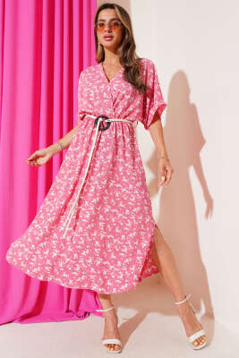 Pazarium - Hasır Kemerli Çiçekli Elbise Gül Kurusu