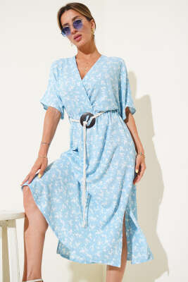 Pazarium - Hasır Kemerli Çiçekli Elbise Mavi