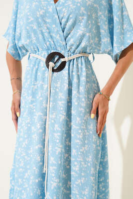 Hasır Kemerli Çiçekli Elbise Mavi - Thumbnail