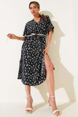 Pazarium - Hasır Kemerli Çiçekli Elbise Siyah