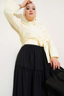 Pazarium - Yandan Bağlamalı Çapraz Düğmeli Kısa Gömlek Sarı