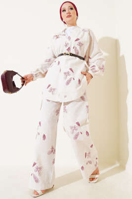 Pazarium - Çiçek Desenli Kabartmalı İkili Takım Bordo