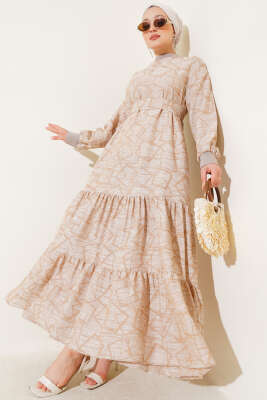 Pazarium - Kol ve Yaka Ribanalı Desenli Elbise Bej