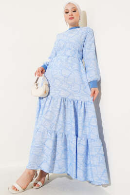 Pazarium - Kol ve Yaka Ribanalı Desenli Elbise Mavi