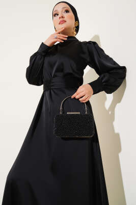 Büzgü Kuşaklı Basic Saten Elbise Siyah - Thumbnail