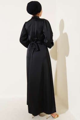 Büzgü Kuşaklı Basic Saten Elbise Siyah - Thumbnail
