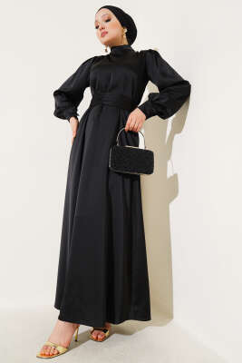Büzgü Kuşaklı Basic Saten Elbise Siyah - Thumbnail