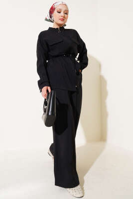 Pazarium - Fermuarlı Beli Tünelli İkili Takım Siyah