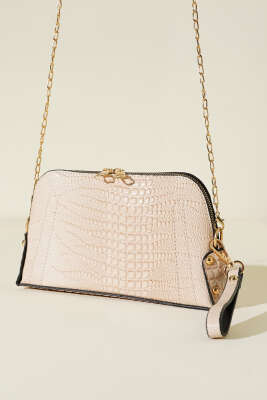 Pazarium - Fermuarlı Zincir Askılı Çanta Krem