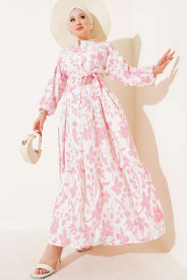 Pazarium - Çiçek Desenli Yarım Düğmeli Elbise Gül Kurusu