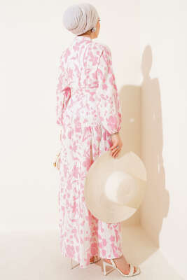 Çiçek Desenli Yarım Düğmeli Elbise Gül Kurusu - Thumbnail