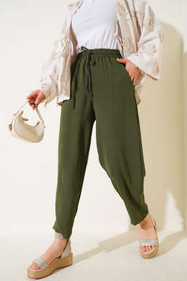 Pazarium - Çımalı Belinden Bağlamalı Pantolon Haki