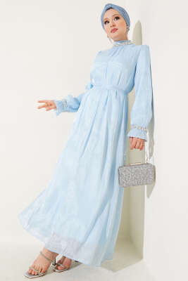 Pazarium - Kristal Taşlı Şifon Elbise Bebe Mavi