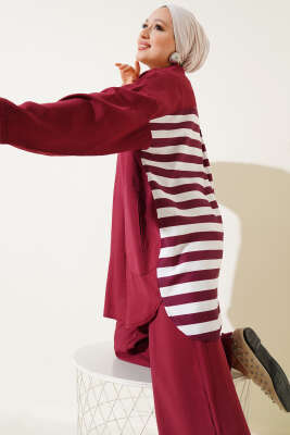 Pazarium - Arkası Çizgi Detaylı İkili Takım Bordo