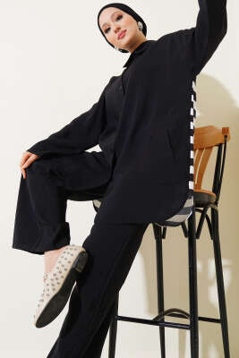 Pazarium - Arkası Çizgi Detaylı İkili Takım Siyah