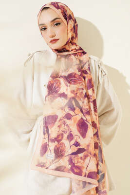 Karışık Yaprak Desenli Şal Mürdüm - Thumbnail