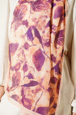 Karışık Yaprak Desenli Şal Mürdüm - Thumbnail