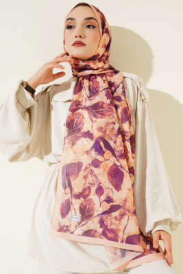 Karışık Yaprak Desenli Şal Mürdüm - Thumbnail