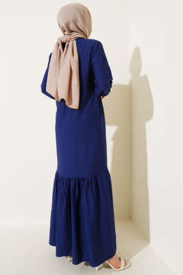 Kuş Gözü Detaylı Yandan Bağlamalı Elbise Lacivert - Thumbnail