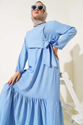 Kuş Gözü Detaylı Yandan Bağlamalı Elbise Mavi - Thumbnail