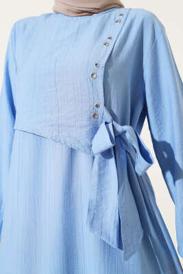 Kuş Gözü Detaylı Yandan Bağlamalı Elbise Mavi - Thumbnail