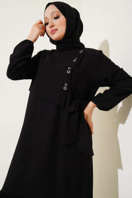 Kuş Gözü Detaylı Yandan Bağlamalı Elbise Siyah - Thumbnail