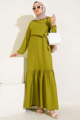 Kuş Gözü Detaylı Yandan Bağlamalı Elbise Yağ Yeşili - Thumbnail
