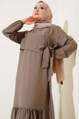 Kuş Gözü Detaylı Yandan Bağlamalı Elbise Kahve - Thumbnail